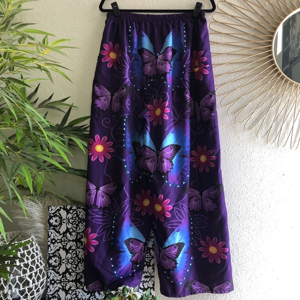 Purple and blue butterfly print wide leg pants with elastic waist